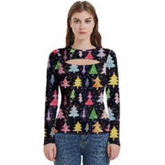 Fun Christmas Trees Adoxali Scandinavian Artistic Background Pattern Women s Cut Out Long Sleeve T-shirt by Maspions