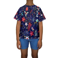 Festive Floral Pattern Christmas Blue Floral Flower Foliage Leaves Pattern Red Snow Winter Kids  Short Sleeve Swimwear