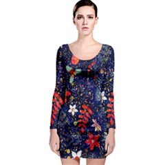 Festive Floral Pattern Christmas Blue Floral Flower Foliage Leaves Pattern Red Snow Winter Long Sleeve Bodycon Dress