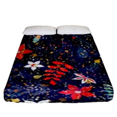 Festive Floral Pattern Christmas Blue Floral Flower Foliage Leaves Pattern Red Snow Winter Fitted Sheet (king Size)