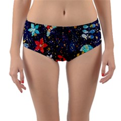 Festive Floral Pattern Christmas Blue Floral Flower Foliage Leaves Pattern Red Snow Winter Reversible Mid-waist Bikini Bottoms