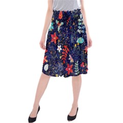 Festive Floral Pattern Christmas Blue Floral Flower Foliage Leaves Pattern Red Snow Winter Midi Beach Skirt