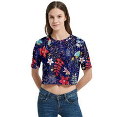 Festive Floral Pattern Christmas Blue Floral Flower Foliage Leaves Pattern Red Snow Winter Women s Round Neck Short Sleeve Crop Top by Maspions