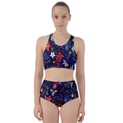 Festive Floral Pattern Christmas Blue Floral Flower Foliage Leaves Pattern Red Snow Winter Racer Back Bikini Set