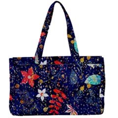 Festive Floral Pattern Christmas Blue Floral Flower Foliage Leaves Pattern Red Snow Winter Canvas Work Bag