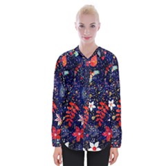 Festive Floral Pattern Christmas Blue Floral Flower Foliage Leaves Pattern Red Snow Winter Womens Long Sleeve Shirt