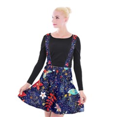 Festive Floral Pattern Christmas Blue Floral Flower Foliage Leaves Pattern Red Snow Winter Suspender Skater Skirt