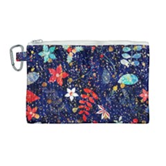 Festive Floral Pattern Christmas Blue Floral Flower Foliage Leaves Pattern Red Snow Winter Canvas Cosmetic Bag (large)