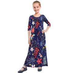 Festive Floral Pattern Christmas Blue Floral Flower Foliage Leaves Pattern Red Snow Winter Kids  Quarter Sleeve Maxi Dress