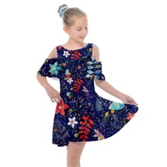 Festive Floral Pattern Christmas Blue Floral Flower Foliage Leaves Pattern Red Snow Winter Kids  Shoulder Cutout Chiffon Dress