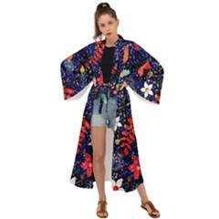 Festive Floral Pattern Christmas Blue Floral Flower Foliage Leaves Pattern Red Snow Winter Maxi Kimono