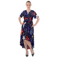 Festive Floral Pattern Christmas Blue Floral Flower Foliage Leaves Pattern Red Snow Winter Front Wrap High Low Dress