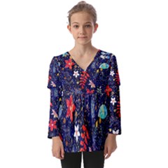 Festive Floral Pattern Christmas Blue Floral Flower Foliage Leaves Pattern Red Snow Winter Kids  V Neck Casual Top