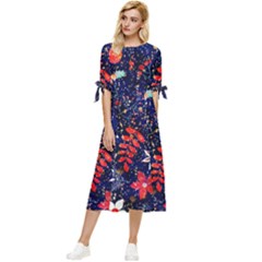 Festive Floral Pattern Christmas Blue Floral Flower Foliage Leaves Pattern Red Snow Winter Bow Sleeve Chiffon Midi Dress