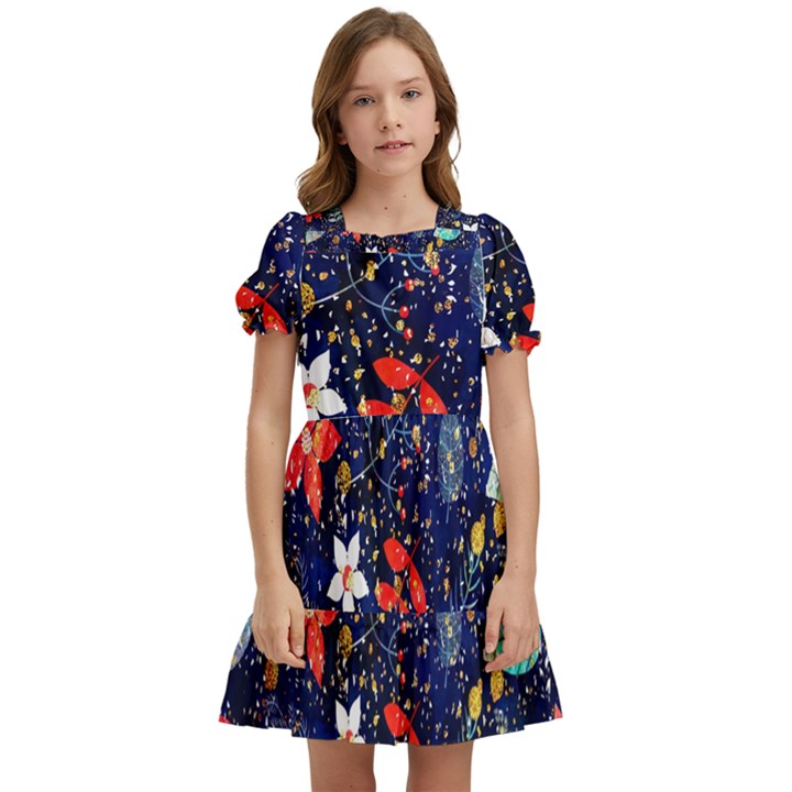 Festive Floral Pattern Christmas Blue Floral Flower Foliage Leaves Pattern Red Snow Winter Kids  Puff Sleeved Dress