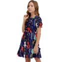 Festive Floral Pattern Christmas Blue Floral Flower Foliage Leaves Pattern Red Snow Winter Kids  Puff Sleeved Dress View3