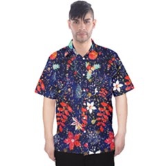 Festive Floral Pattern Christmas Blue Floral Flower Foliage Leaves Pattern Red Snow Winter Men s Hawaii Shirt