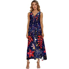 Festive Floral Pattern Christmas Blue Floral Flower Foliage Leaves Pattern Red Snow Winter V-neck Sleeveless Wide Leg Pants Overalls