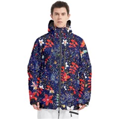 Festive Floral Pattern Christmas Blue Floral Flower Foliage Leaves Pattern Red Snow Winter Men s Multi Pockets Zip Ski And Snowboard Waterproof Breathable Jacket