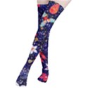 Festive Floral Pattern Christmas Blue Floral Flower Foliage Leaves Pattern Red Snow Winter Thigh High Stockings View2