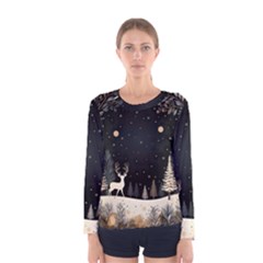 Christmas Winter Xmas Scene Nature Forest Tree Moon Women s Long Sleeve T-shirt