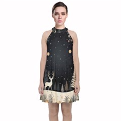 Christmas Winter Xmas Scene Nature Forest Tree Moon Velvet Halter Neckline Dress 