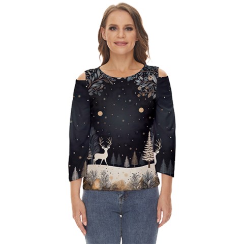 Christmas Winter Xmas Scene Nature Forest Tree Moon Cut Out Wide Sleeve Top by Apen