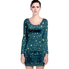 Star Golden Pattern Christmas Design White Gold Long Sleeve Bodycon Dress by Apen