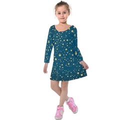 Star Golden Pattern Christmas Design White Gold Kids  Long Sleeve Velvet Dress by Apen