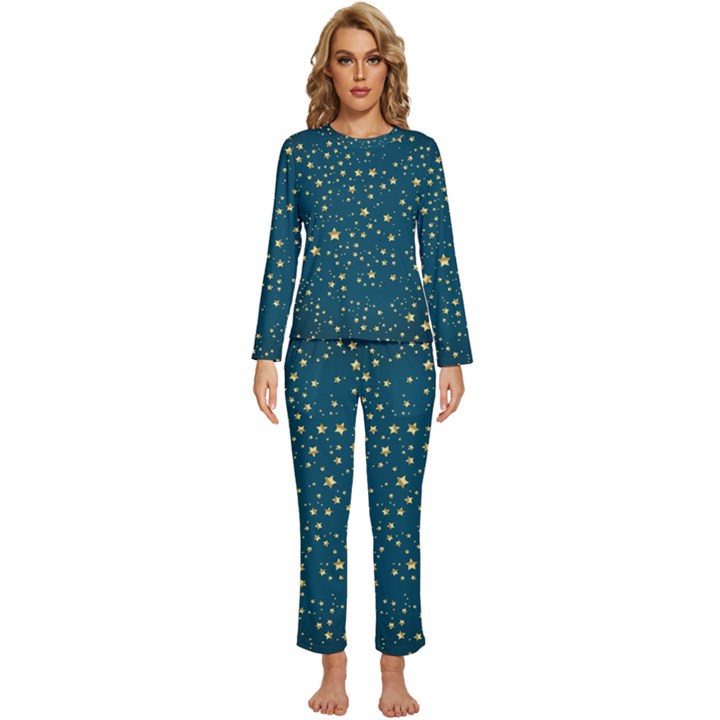 Star Golden Pattern Christmas Design White Gold Womens  Long Sleeve Lightweight Pajamas Set