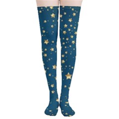 Star Golden Pattern Christmas Design White Gold Thigh High Stockings by Apen