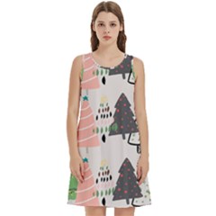 Christmas Trees Icons Round Neck Sleeve Casual Dress With Pockets