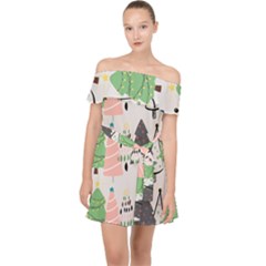 Christmas Trees Icons Off Shoulder Chiffon Dress by Apen