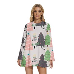 Christmas Trees Icons Round Neck Long Sleeve Bohemian Style Chiffon Mini Dress by Apen