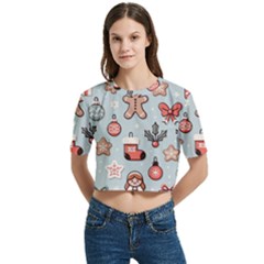 Christmas Cartoon Pattern Women s Round Neck Short Sleeve Crop Top