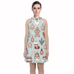 Christmas Cartoon Pattern Velvet Halter Neckline Dress 