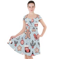 Christmas Cartoon Pattern Cap Sleeve Midi Dress With Pockets by Apen