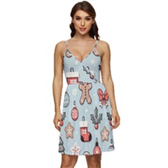 Christmas Cartoon Pattern V-neck Pocket Summer Dress  by Apen