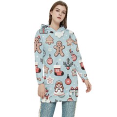 Christmas Cartoon Pattern Women s Long Oversized Pullover Hoodie by Apen