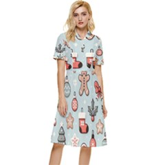 Christmas Cartoon Pattern Button Top Knee Length Dress by Apen