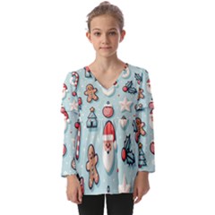 Christmas Decoration Angel Kids  V Neck Casual Top by Apen