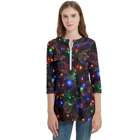 Christmas Lights Women s Zip Front V-neck 3/4 Sleeve Casual Top Pocket Shirt by Apen