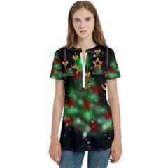 Christmas Star Jewellery Women s Zip Front V-neck Short Sleeve Casual Top Pocket Shirt