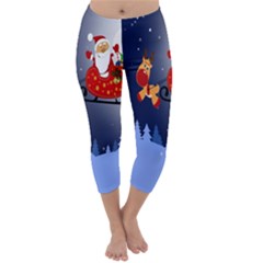 Deer Santa Claus Flying Trees Moon Night Merry Christmas Capri Winter Leggings 