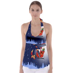 Deer Santa Claus Flying Trees Moon Night Merry Christmas Tie Back Tankini Top by anzea