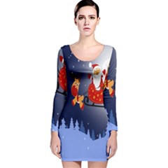 Deer Santa Claus Flying Trees Moon Night Merry Christmas Long Sleeve Velvet Bodycon Dress