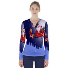 Deer Santa Claus Flying Trees Moon Night Merry Christmas V-neck Long Sleeve Top by anzea