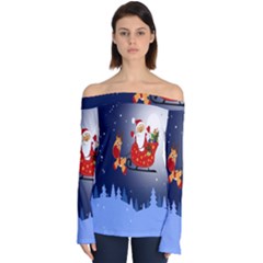 Deer Santa Claus Flying Trees Moon Night Merry Christmas Off Shoulder Long Sleeve Top by anzea