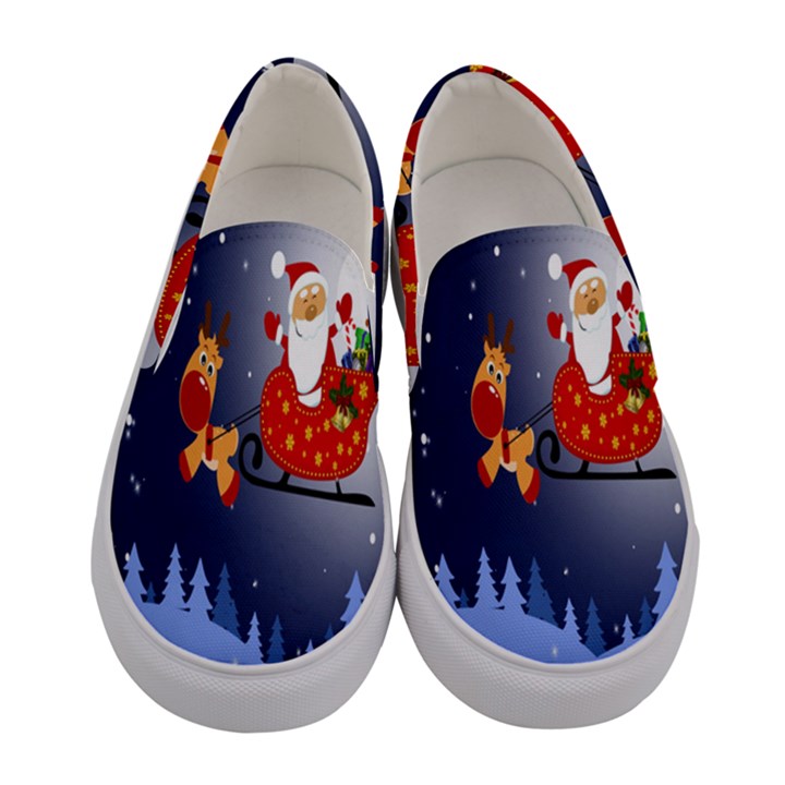 Deer Santa Claus Flying Trees Moon Night Merry Christmas Women s Canvas Slip Ons