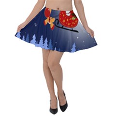 Deer Santa Claus Flying Trees Moon Night Merry Christmas Velvet Skater Skirt